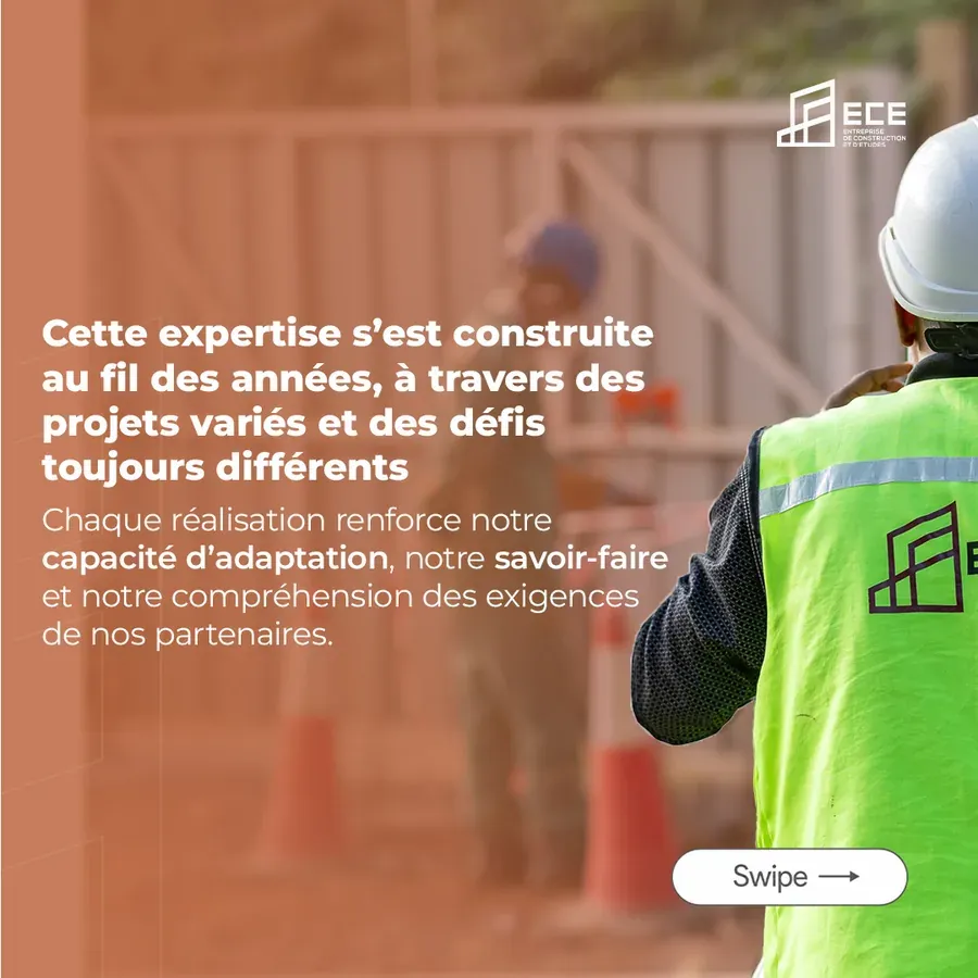 Planche 3 du carrousel : « Cette expertise s'est construite au fil des années, à travers des projets variés et des défis toujours différents. Chaque réalisation renforce notre capacité d'adaptation, notre savoir-faire et notre compréhension des exigences de nos partenaires. »