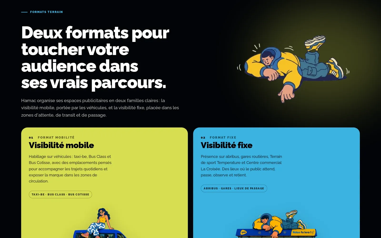 Section « Deux formats pour toucher votre audience dans ses vrais parcours » : deux cartes, Visibilité mobile (taxi-be, Bus Class, Bus Cotisse) et Visibilité fixe (abribus, gares routières, Terrain de sport Temperature, Centre commercial La Croisée).