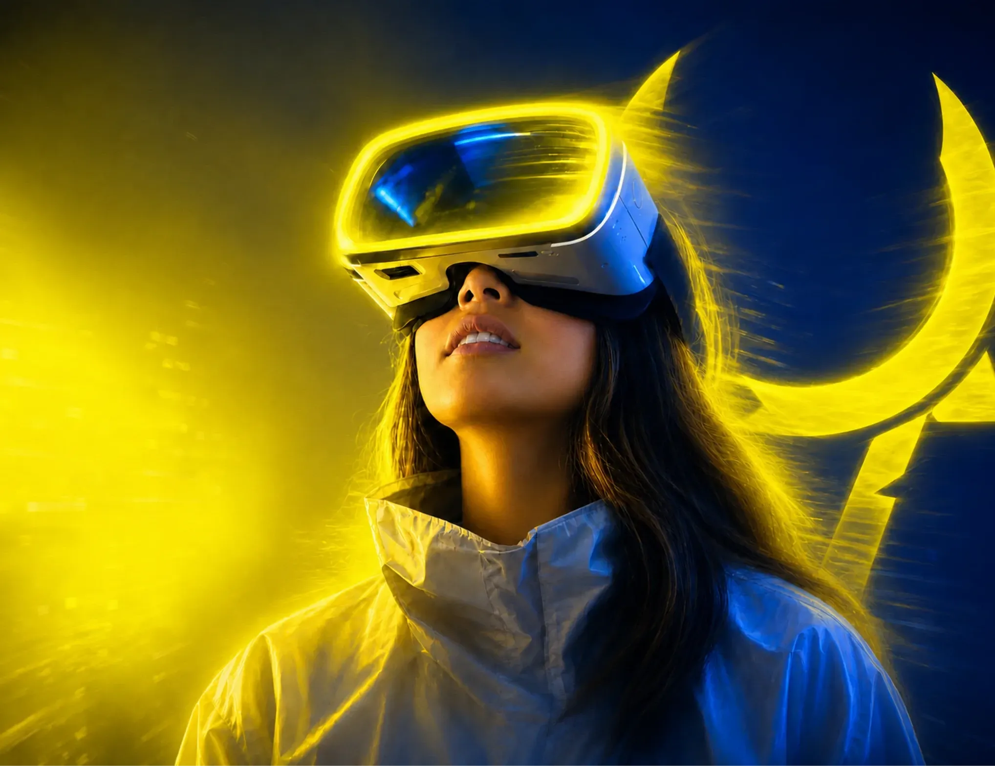 Immersion dans le marketing augmenté par l'IA — casque VR aux reflets jaunes Takamoa